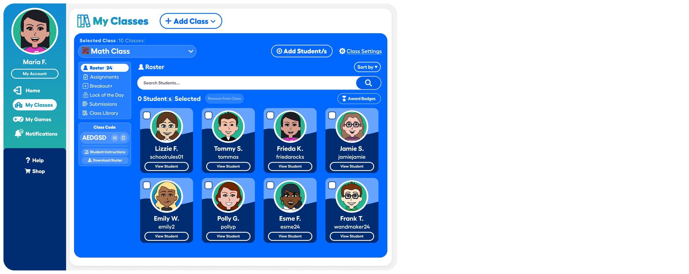 My Classes roster screenshot with Google, Schoology, Canvas, and ClassLink integration logos